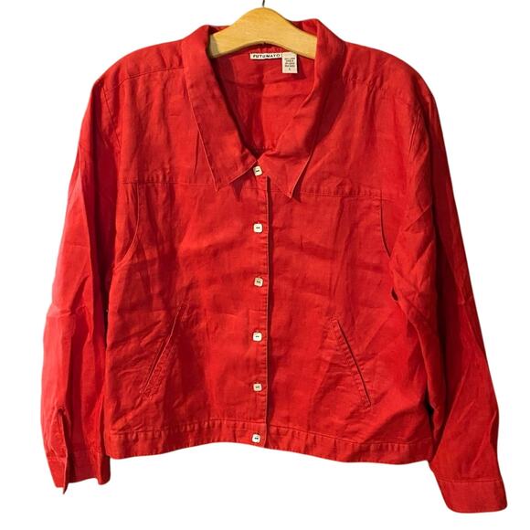 Putumayo Vibrant Red Button-Down Shirt large shacket 100% linen jacket layer - Picture 1 of 9
